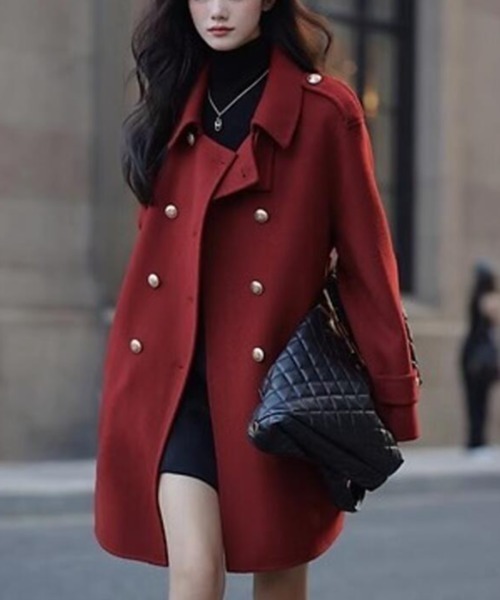 セール】ダブルブレストベルト付きミドルレングスコート（ピーコート