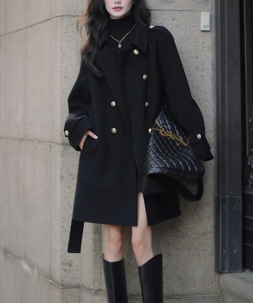 セール】ダブルブレストベルト付きミドルレングスコート（ピーコート