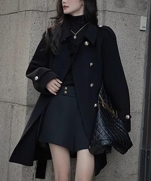 黒 ピーコート ダブルブレスト セール】ダブルブレストベルト付きミドルレングスコート（ピーコート