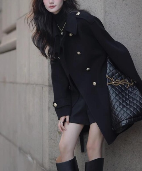 セール】ダブルブレストベルト付きミドルレングスコート（ピーコート