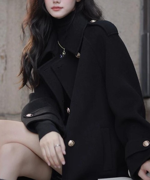 セール】ダブルブレストベルト付きミドルレングスコート（ピーコート