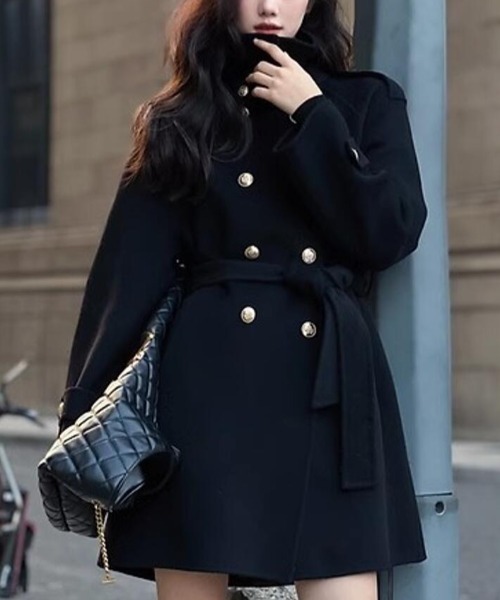 セール】ダブルブレストベルト付きミドルレングスコート（ピーコート