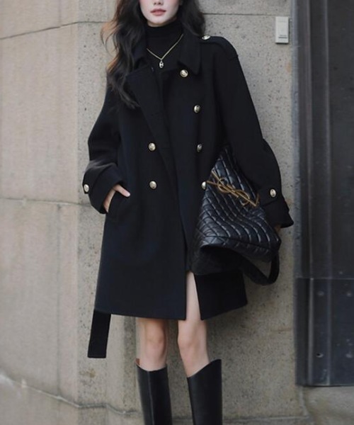 セール】ダブルブレストベルト付きミドルレングスコート（ピーコート