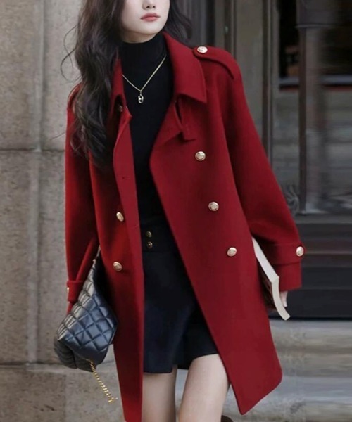 セール】ダブルブレストベルト付きミドルレングスコート（ピーコート