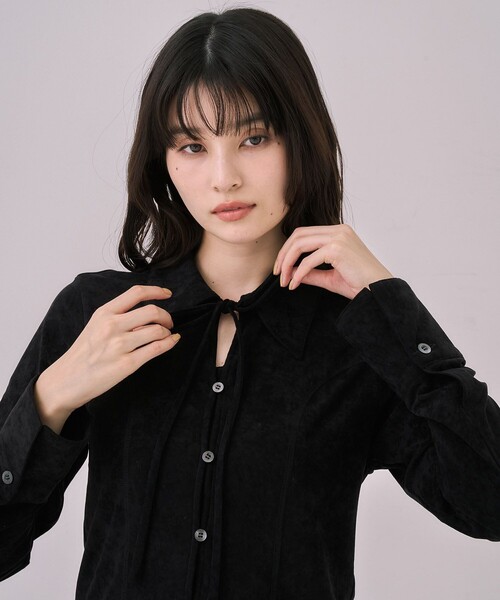 残りわずか！】スリットネックベロアシャツ｜ウォッシャブル
