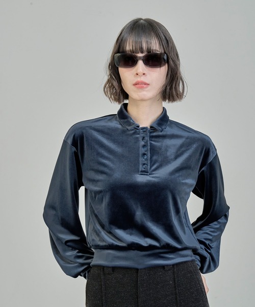 Nora Lily elle(ノラリリーエル)の「【Nora Lily】「elle」Velvet Polo(Tシャツ/カットソー・レディース・ダークブラウン/ブルー/ブラック・FREE)」の1枚目の写真