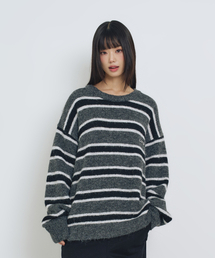 ヘアリーストライププルオーバーニット ダークグレー