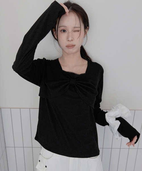 UNE MANSION(ユヌマンション)の「【UNE ORIGINAL】フロントラブリーリボンフリルリブTシャツカットソー(Tシャツ/カットソー・レディース・ブラック/ライトグレー/ホワイト・MEDIUM/SMALL)」の2枚目の写真