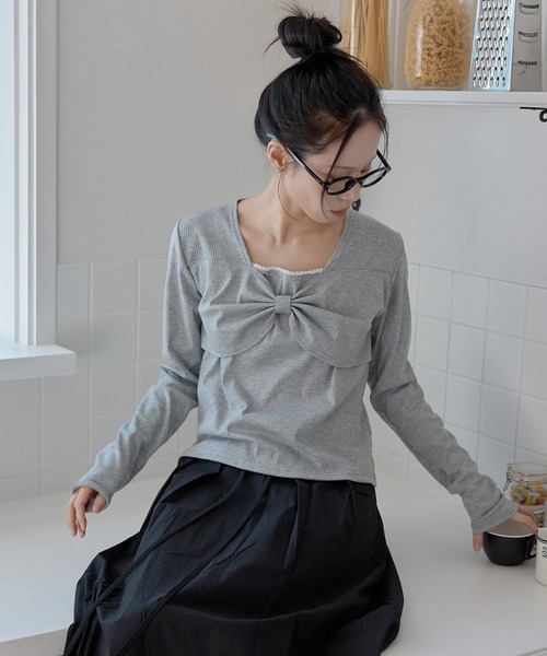 UNE MANSION(ユヌマンション)の「【UNE ORIGINAL】フロントラブリーリボンフリルリブTシャツカットソー(Tシャツ/カットソー・レディース・ブラック/ライトグレー/ホワイト・MEDIUM/SMALL)」の10枚目の写真