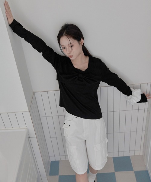 UNE MANSION(ユヌマンション)の「【UNE ORIGINAL】フロントラブリーリボンフリルリブTシャツカットソー(Tシャツ/カットソー・レディース・ブラック/ライトグレー/ホワイト・MEDIUM/SMALL)」の17枚目の写真
