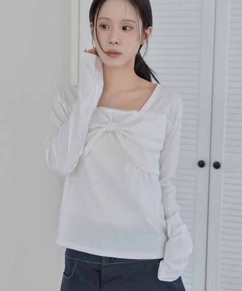UNE MANSION(ユヌマンション)の「【UNE ORIGINAL】フロントラブリーリボンフリルリブTシャツカットソー(Tシャツ/カットソー・レディース・ブラック/ライトグレー/ホワイト・MEDIUM/SMALL)」の22枚目の写真