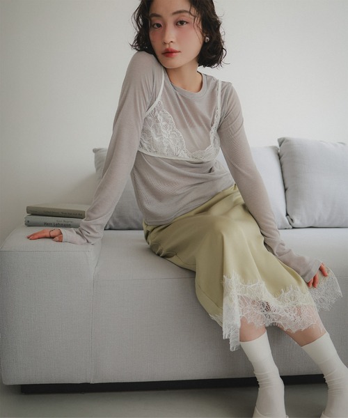 KOBE LETTUCE（コウベレタス）の「選べる2タイプミディorロング裾レースサテンスカート（スカート・レディース・ブラック/ベージュ/サックスブルー/ミント・LONG/MEDIUM）」の16枚目の写真