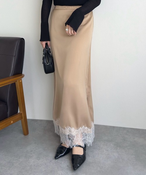 KOBE LETTUCE（コウベレタス）の「選べる2タイプミディorロング裾レースサテンスカート（スカート・レディース・ブラック/ベージュ/サックスブルー/ミント・LONG/MEDIUM）」の12枚目の写真