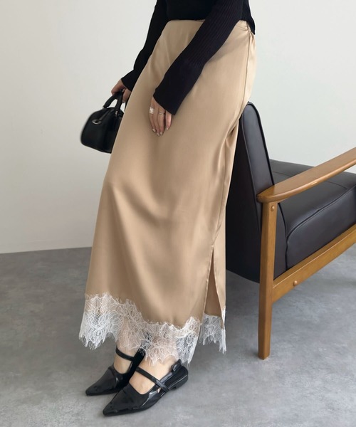 KOBE LETTUCE（コウベレタス）の「選べる2タイプミディorロング裾レースサテンスカート（スカート・レディース・ブラック/ベージュ/サックスブルー/ミント・LONG/MEDIUM）」の14枚目の写真