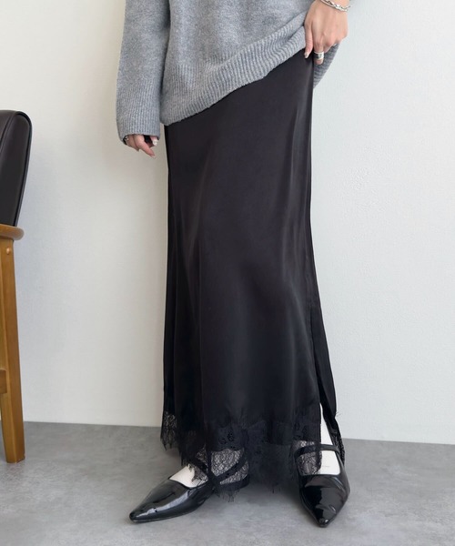 KOBE LETTUCE（コウベレタス）の「選べる2タイプミディorロング裾レースサテンスカート（スカート・レディース・ブラック/ベージュ/サックスブルー/ミント・LONG/MEDIUM）」の7枚目の写真
