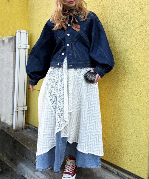 DOUBLE NAME(ダブルネーム)の「スカーフSET オーバーウイングデニムジャケット(カーディガン/ボレロ・レディース・インディゴブルー/ネイビー・FREE)」の10枚目の写真