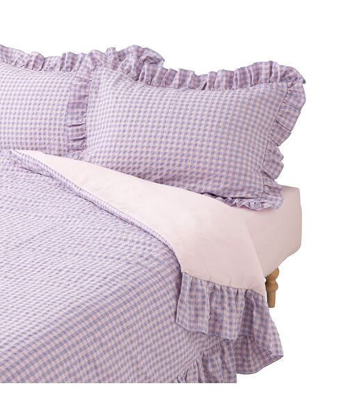 フリルチェック 寝具カバーセット セミダブル ピンク×パープル 4点