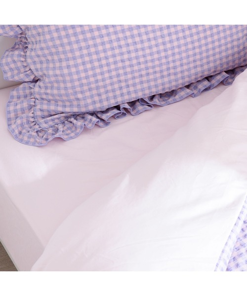フリルチェック 寝具カバーセット セミダブル ピンク×パープル 4点