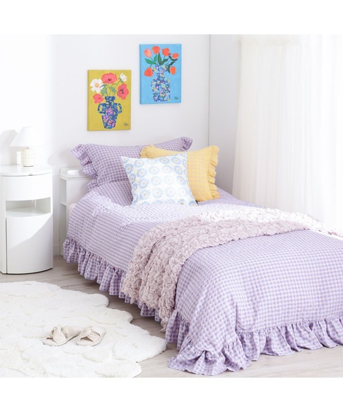 フリルチェック 寝具カバーセット セミダブル ピンク×パープル 4点