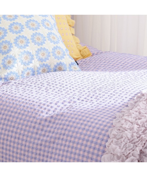 フリルチェック 寝具カバーセット セミダブル ピンク×パープル 4点