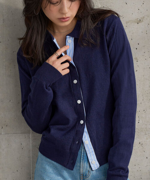 ストライプ切替ポロニットカーディガン（カーディガン/ボレロ）｜KOBE