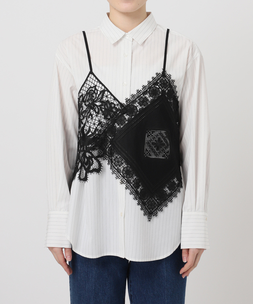 B.C STOCK(ベーセーストック)の「《2枚セット》レースキャミ付きシャツブラウス(シャツ/ブラウス・レディース・ブラック/ホワイト・FREE)」の5枚目の写真