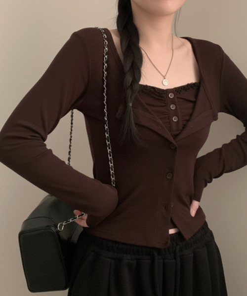 VIVID LADY(ビビッドレディー)の「ヘンリーレースキャミ×ショートカーデ アンサンブル(アンサンブル・レディース・ブラウン/グレー/ピンク/クリーム・FREE)」の12枚目の写真