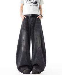 【neos】ユニセックス ヴィンテージ ウォッシュ 立体 ルーズ カーブ ワイド デニム パンツ メンズ レディース