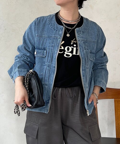 un dix cors（アンディコール）の「ノーカラージップデニムブルゾン（デニムジャケット・レディース・インディゴブルー/オフホワイト/ブルー・FREE）」の3枚目の写真