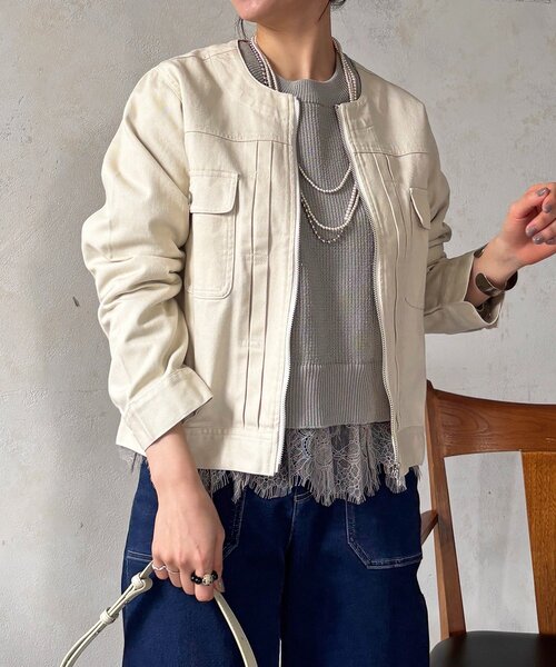 un dix cors（アンディコール）の「ノーカラージップデニムブルゾン（デニムジャケット・レディース・インディゴブルー/オフホワイト/ブルー・FREE）」の4枚目の写真