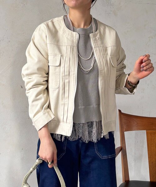 un dix cors（アンディコール）の「ノーカラージップデニムブルゾン（デニムジャケット・レディース・インディゴブルー/オフホワイト/ブルー・FREE）」の7枚目の写真