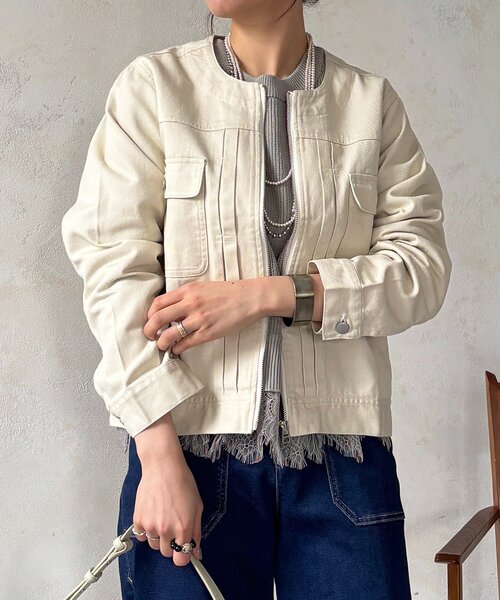 un dix cors（アンディコール）の「ノーカラージップデニムブルゾン（デニムジャケット・レディース・インディゴブルー/オフホワイト/ブルー・FREE）」の11枚目の写真