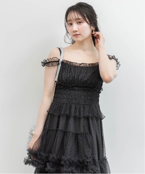 RANDA(ランダ)の「チュールフリルキャミワンピース(ワンピース・レディース・ブルー/ネイビー/ドット・1/0)」の6枚目の写真