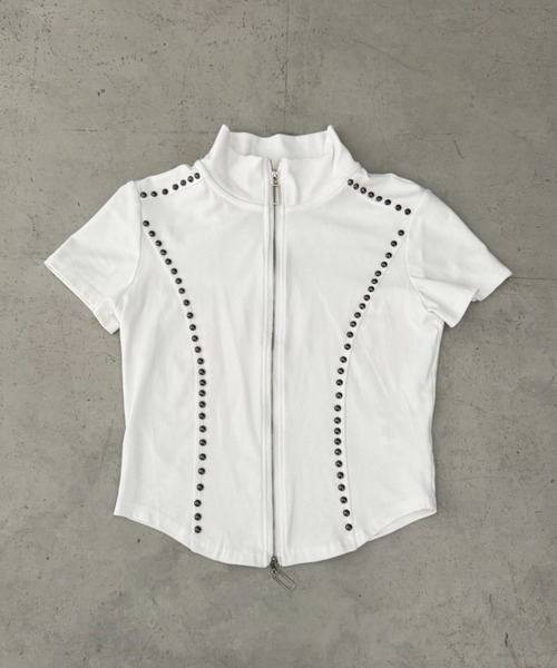 Bamm(バム)の「スタッズデザインアソートダブルジップタイトトップス(Tシャツ/カットソー・レディース・ブラック/カモフラージュ/ホワイト/グレー・FREE)」の9枚目の写真