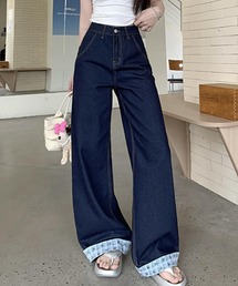 裾折り返し リボン柄 ワイド デニム パンツ