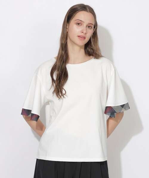 CB CRESTBRIDGE（シービークレストブリッジ）の「【Quiet checkシリーズ】シトラテックハーフフレアスリーブT（Tシャツ/カットソー・レディース・オフホワイト/ダークネイビー/ホワイト系その他/ブラック・M）」の2枚目の写真