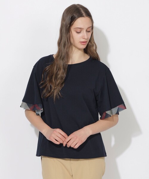 CB CRESTBRIDGE（シービークレストブリッジ）の「【Quiet checkシリーズ】シトラテックハーフフレアスリーブT（Tシャツ/カットソー・レディース・オフホワイト/ダークネイビー/ホワイト系その他/ブラック・M）」の4枚目の写真