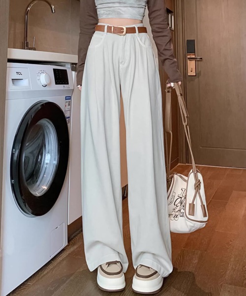 Teem Store（チームストア）の「ベーシックタックワイドデニムパンツ（デニムパンツ・レディース・サックスブルー/その他/ブルー/ホワイト・S）」の2枚目の写真