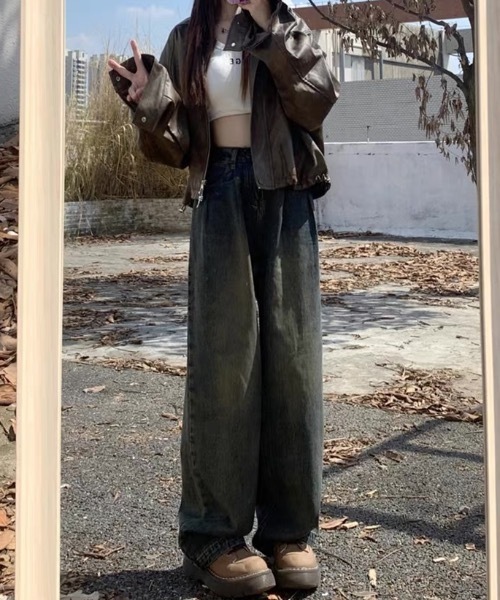 Teem Store（チームストア）の「ベーシックタックワイドデニムパンツ（デニムパンツ・レディース・サックスブルー/その他/ブルー/ホワイト・S）」の6枚目の写真