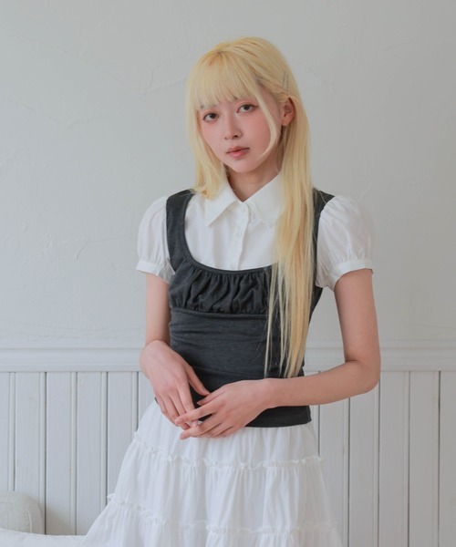 LiLIN(リリン)の「フェイクレイヤード パフスリーブ デザイン トップス(シャツ/ブラウス・レディース・ライトブルー/グレー/チャコールグレー・FREE)」の5枚目の写真