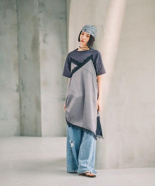 LEPSIM（レプシィム）の「《オフィスライン》レイヤードアシメレースワンピース　661815（ワンピース・レディース・チャコールグレー/グレイッシュベージュ・FREE）」の4枚目の写真