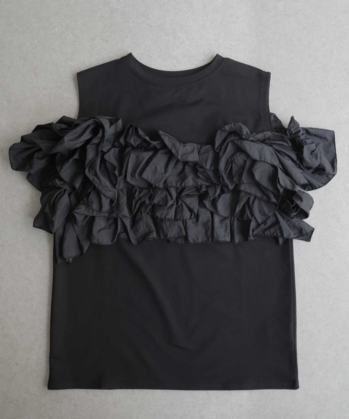Bulue.(ブルー)の「3way フリルビスチェ風トップス ノースリーブ ビスチェ マルチウェイ フリルブラウス レイヤード(Tシャツ/カットソー・レディース・オフホワイト/グレー/ブラック・FREE)」の16枚目の写真