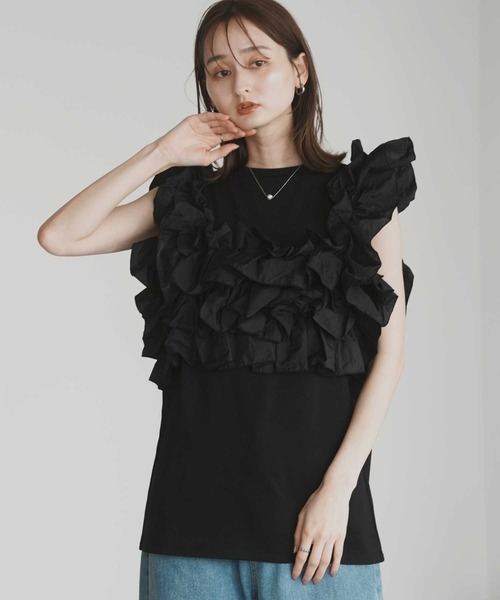 Bulue.(ブルー)の「3way フリルビスチェ風トップス ノースリーブ ビスチェ マルチウェイ フリルブラウス レイヤード(Tシャツ/カットソー・レディース・オフホワイト/グレー/ブラック・FREE)」の17枚目の写真