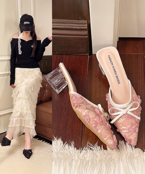 Miniministore(ミニミニストア)の「レースミュールサンダルリボン付きミュール(パンプス・レディース・ピンク/アイボリー/ブラック・24.5cm/24.0cm/23.5cm/23.0cm/22.5cm)」の18枚目の写真