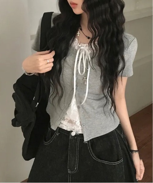 gossip!ロサンゼルス(ゴシップロサンゼルス)の「Y2K レースキャミ レイヤード風 半袖カットソーカーディガン(Tシャツ/カットソー・レディース・グレー/ブルー・M)」の4枚目の写真