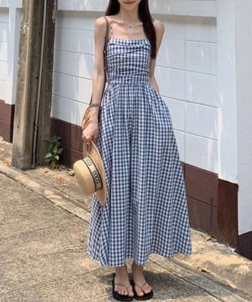 AMAJI(アマジ)の「チェック柄 オフショルダー ワンピース(ワンピース・レディース・ネイビー・SMALL/MEDIUM/LARGE/X-LARGE)」の2枚目の写真