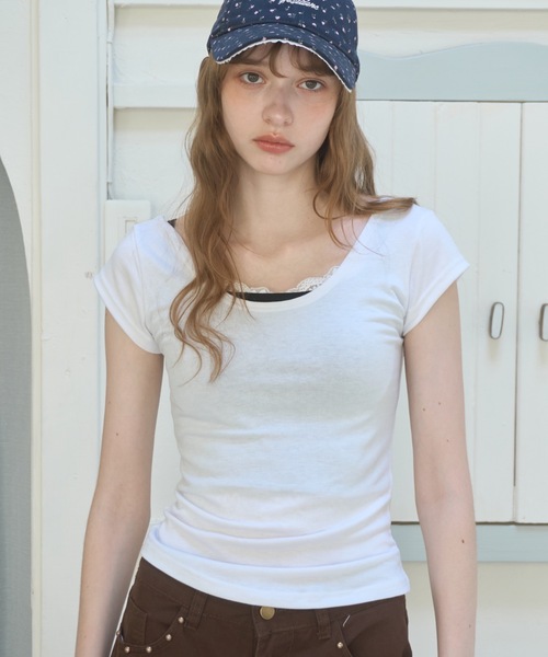 Birthday room(バースデイルーム)の「スリムフィットT/Slim-fit T-shirt(Tシャツ/カットソー・レディース・ホワイト/ライトブルー/ミント・FREE)」の4枚目の写真