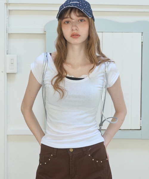 Birthday room(バースデイルーム)の「スリムフィットT/Slim-fit T-shirt(Tシャツ/カットソー・レディース・ホワイト/ライトブルー/ミント・FREE)」の5枚目の写真