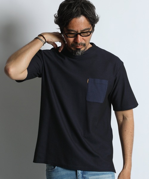 The DUFFER of ST.GEORGE(ザダファーオブセントジョージ)の「COOLMAX HONEYCOMB BORDER TEE:クールマックス ハニカムボーダー ポケットTシャツ / 吸水速乾 / モックネック / ドライタッチ / 鹿の子 / 夏Tシャツ(Tシャツ/カットソー・メンズ・ネイビー/ブラック・MEDIUM/X-LARGE/LARGE)」の2枚目の写真