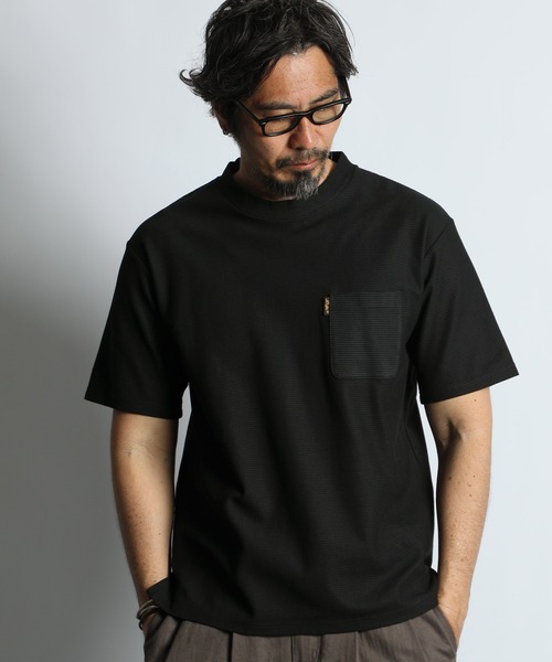The DUFFER of ST.GEORGE(ザダファーオブセントジョージ)の「COOLMAX HONEYCOMB BORDER TEE:クールマックス ハニカムボーダー ポケットTシャツ / 吸水速乾 / モックネック / ドライタッチ / 鹿の子 / 夏Tシャツ(Tシャツ/カットソー・メンズ・ネイビー/ブラック・MEDIUM/X-LARGE/LARGE)」の1枚目の写真